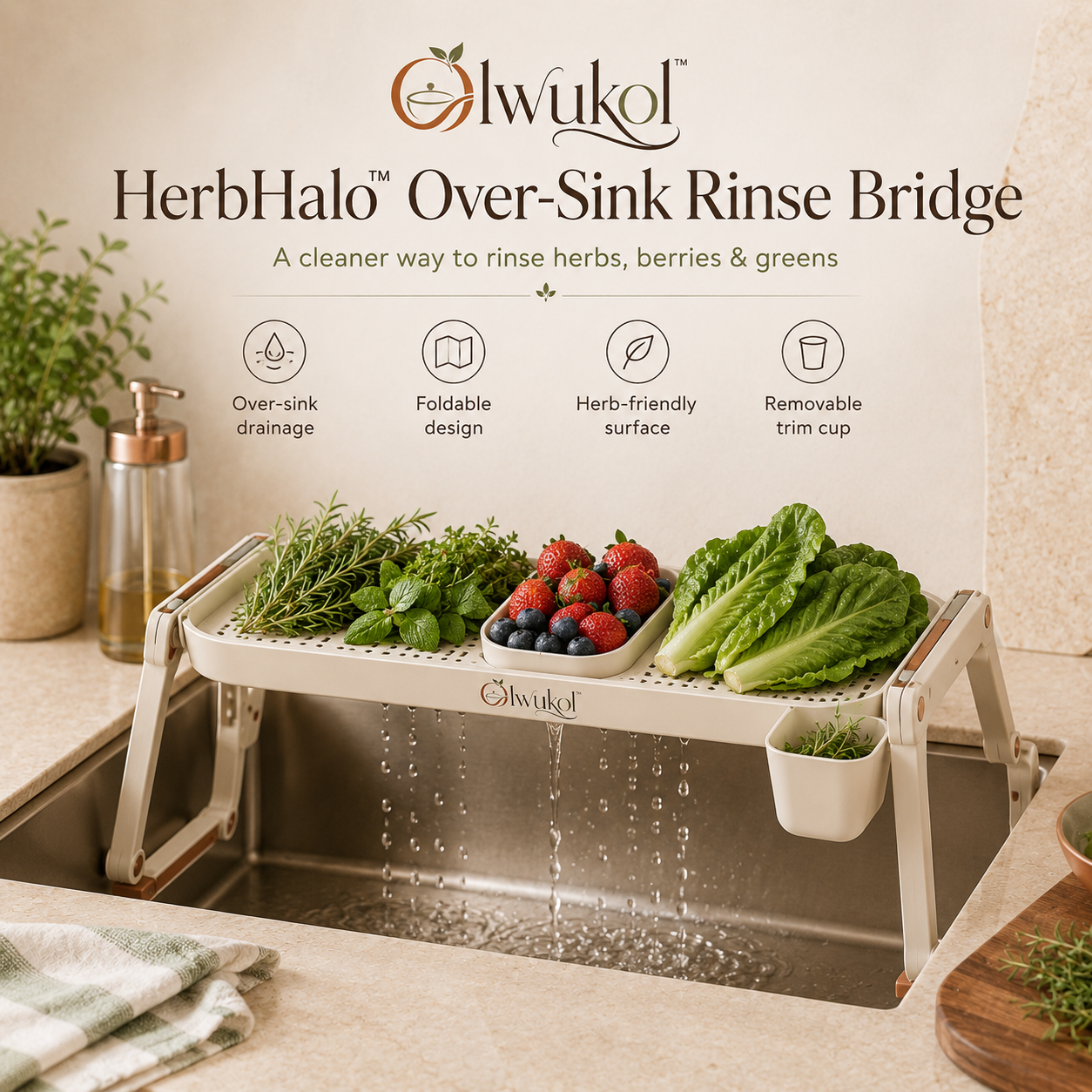 Olwukol™ HerbHalo Foldable Over-Sink Herb Washer and Drying Rack, Collapsible Produce Strainer for Herbs, Berries & Greens