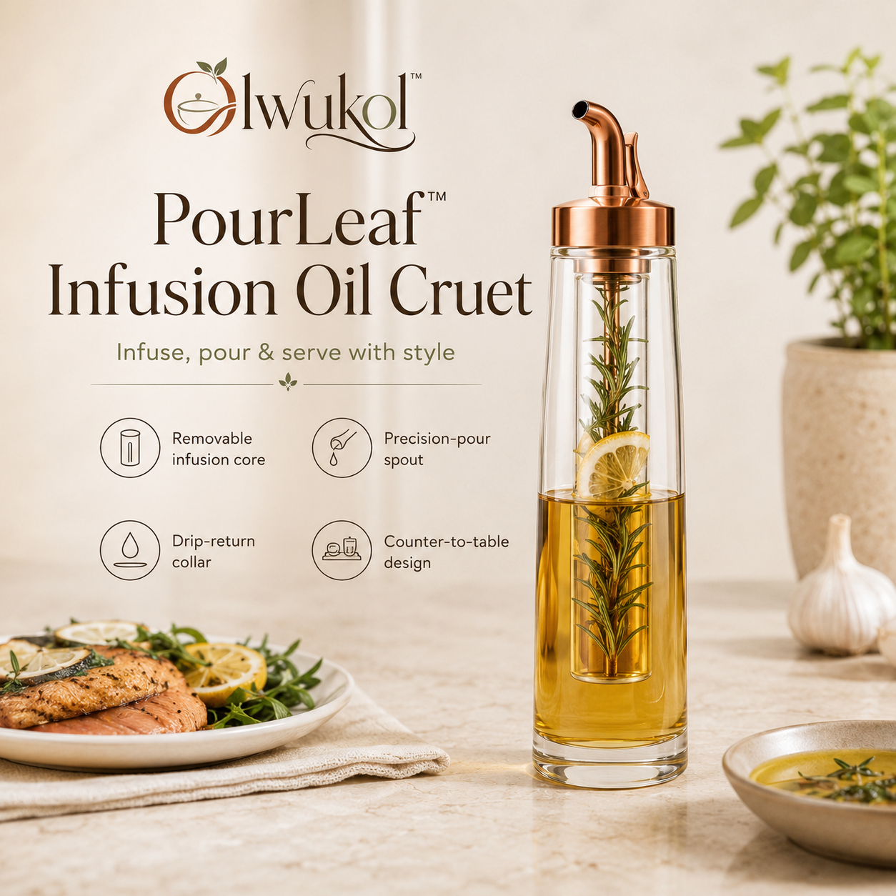 Olwukol™ PourLeaf Glass Olive Oil Dispenser with Herb Infusion Chamber, Drip-Return Spout, Vinegar & Dressing Pourer