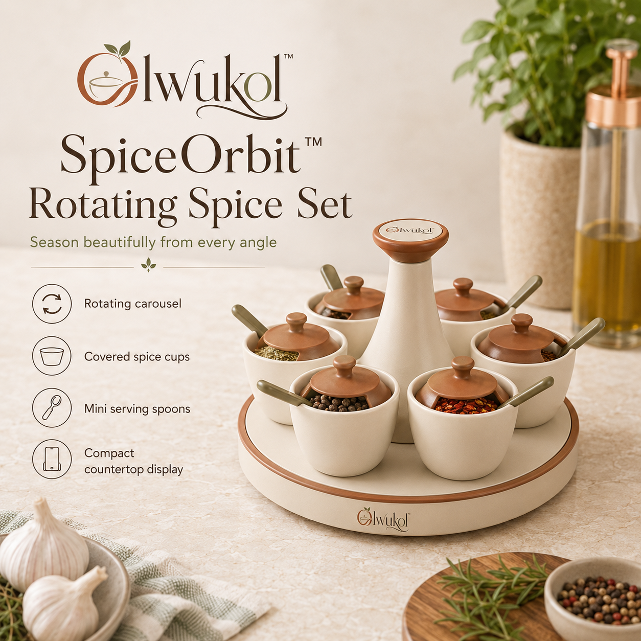 Olwukol™ SpiceOrbit Rotating Spice Pinch Bowl Set with Covered Cups, Mini Spoons, Lazy Susan Condiment Organizer & Salt Cellar