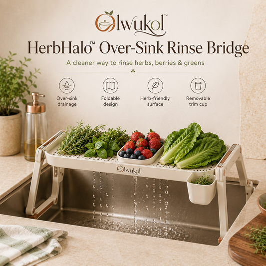 Olwukol™ HerbHalo Foldable Over-Sink Herb Washer and Drying Rack, Collapsible Produce Strainer for Herbs, Berries & Greens
