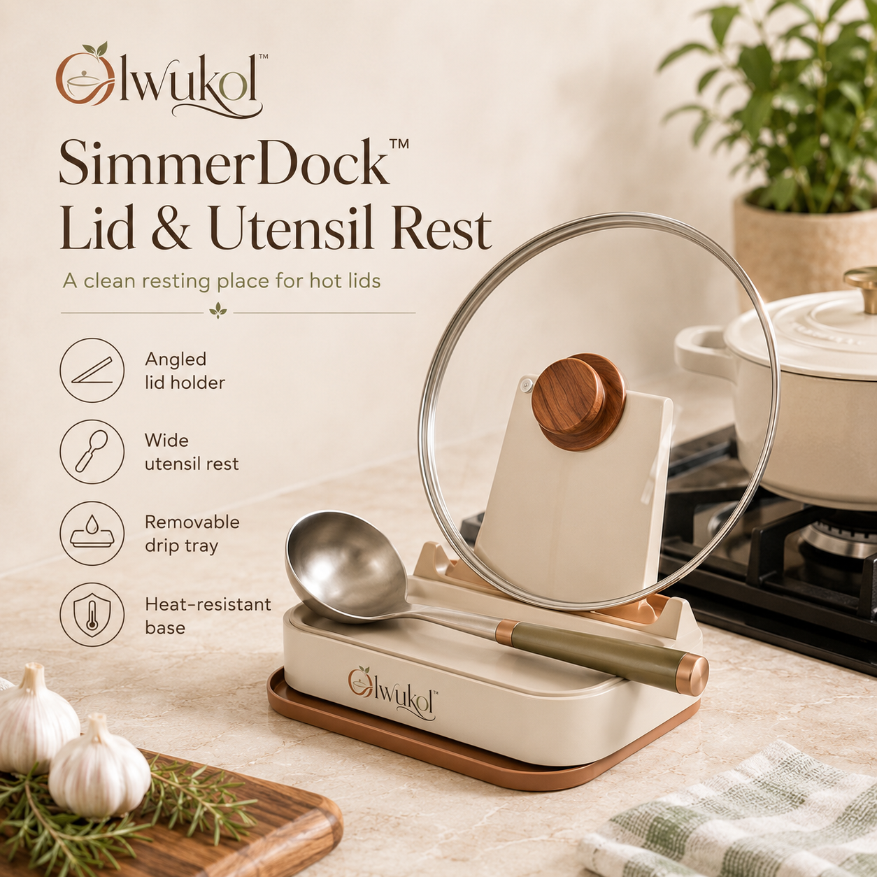 Olwukol™ SimmerDock Heat-Resistant Pan Lid Holder and Spoon Rest with Removable Drip Tray & Stove-Side Organizer
