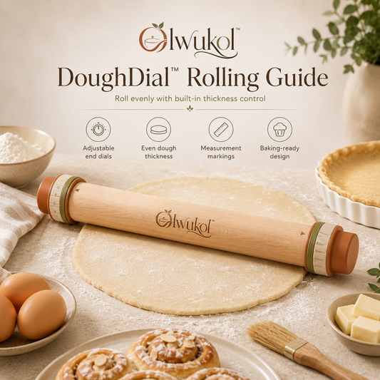 Olwukol™ DoughDial Adjustable Rolling Pin with Built-In Thickness Guide for Pastry, Pizza, Cookies, Pasta & Pie Crust